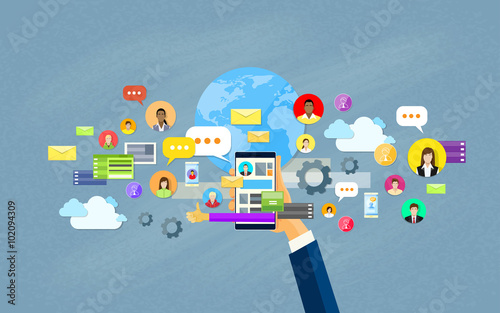 Hand Hold Cell Smart Phone Social Network Communication Concept Flat Design Vector Illustration