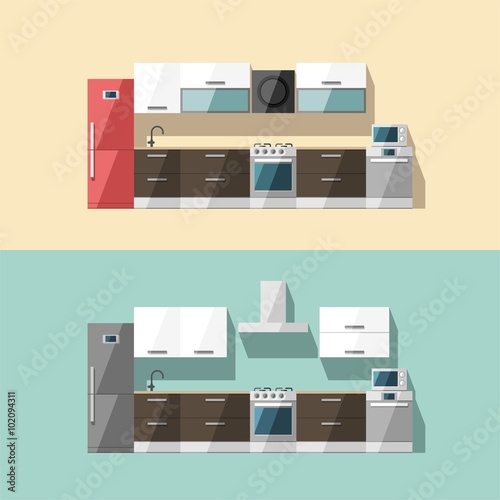 Kitchen interior. Kitchen furniture. Modern trendy design. Flat vector illustration.