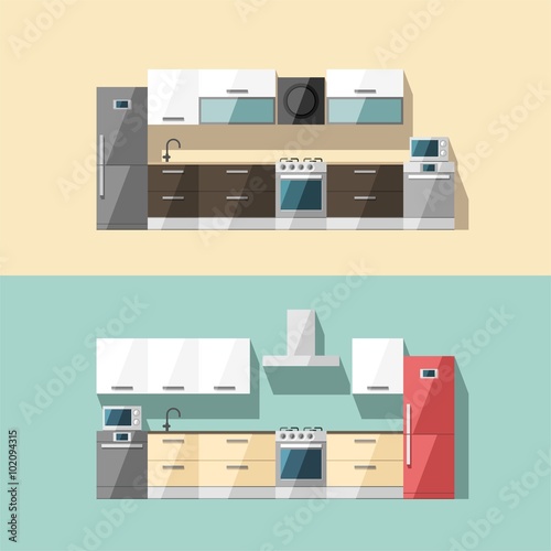 Kitchen interior. Kitchen furniture. Modern trendy design. Flat vector illustration.