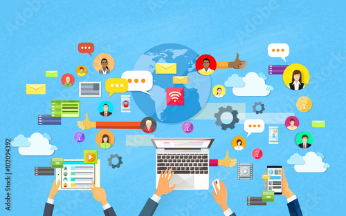 Modern Laptop Tablet Smart Cell Phone Social Network Communication Concept Flat Vector Illustration