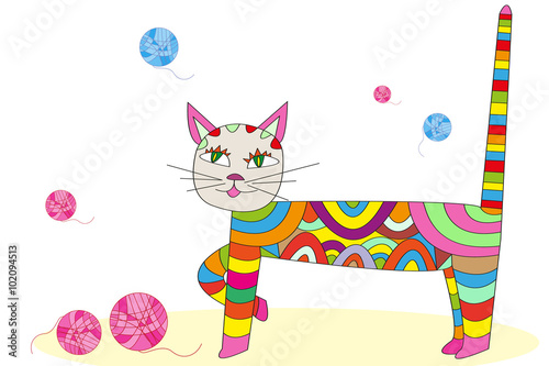 Multicolored cat vector illustration cartoon character, patchwor