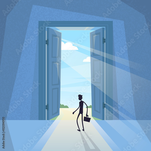Business Man Black Silhouette Standing at Door Entrance Businessman Sun Light Vector Illustration