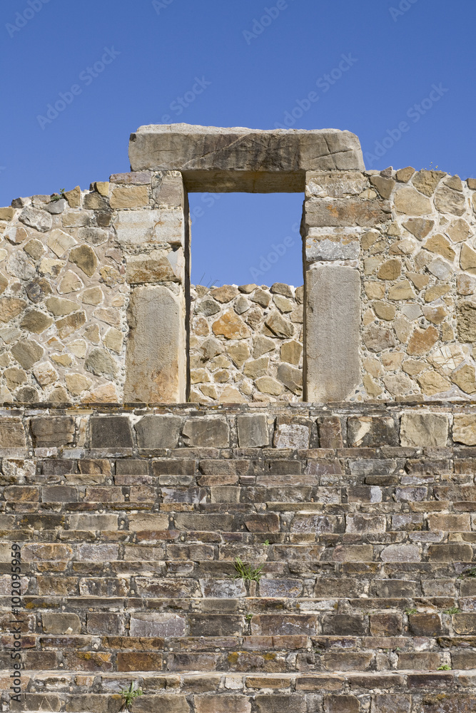 Stone steps leading to doorway at Monte Alban, a World Heritage archaeological site, Oaxaca, Mexico