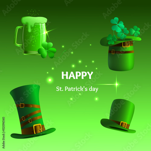Set of St. Patrick's Day symbols. Vector illustration with hat,glass,  clover leaf, cylinder Stock Vector | Adobe Stock