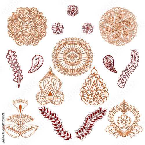 Set of elements in the ethnic style of drawing henna isolated on white background.