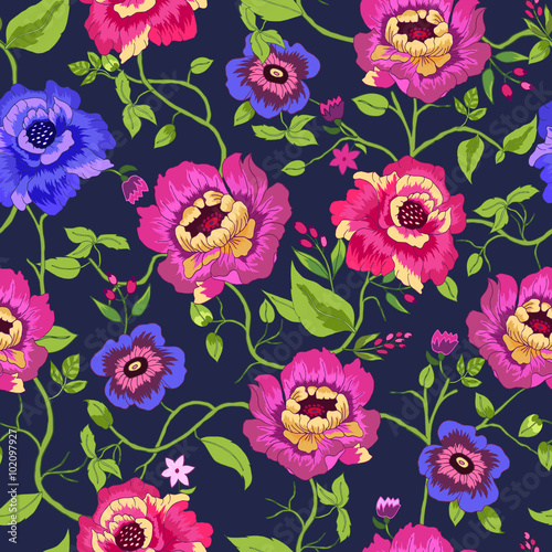 Seamless pattern wirh colorful flowers on black background.