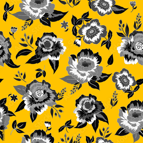 Seamless pattern wirh black and white flowers on yellow background.