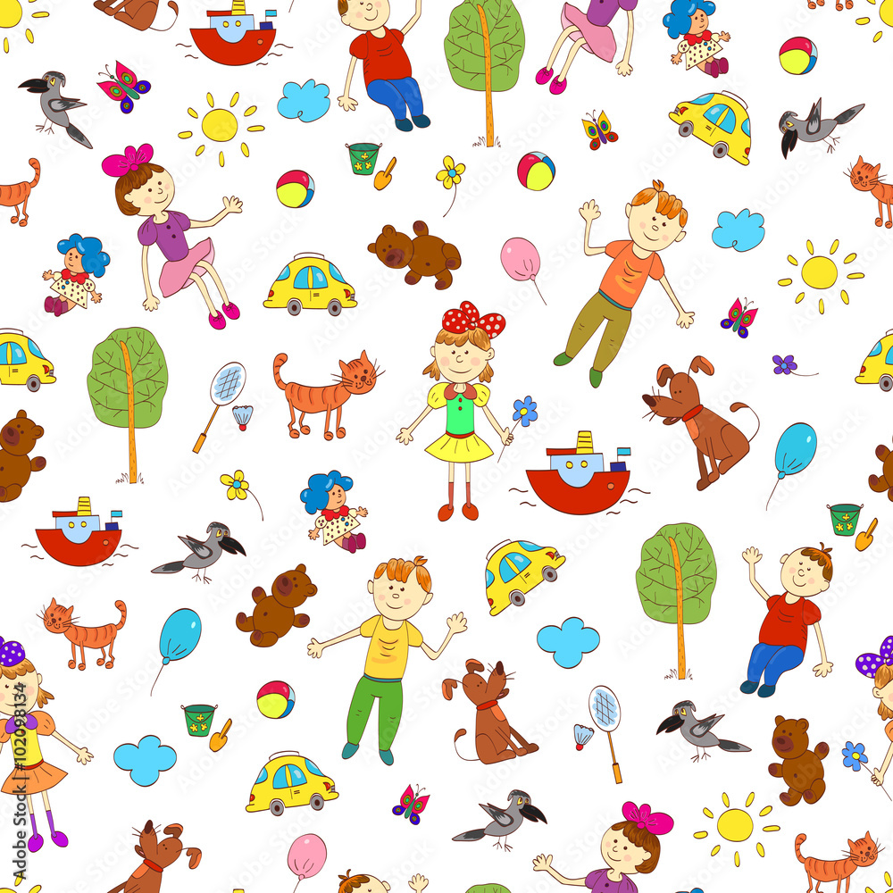 Doodle seamless pattern of cute child's life including pets, toy, things for sport and celestial elements.