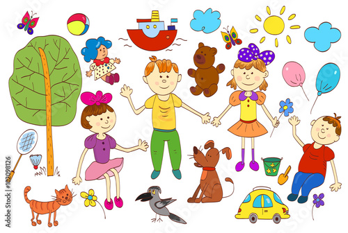 Doodle set of cute child's life including pets, toys, plants things for sport and celestial elements.