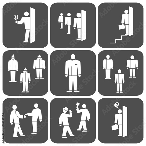 People icon set. Office, meeting, business symbol. Standing one, two, group men. White signs on dark gray rectangle button. Vector illustration