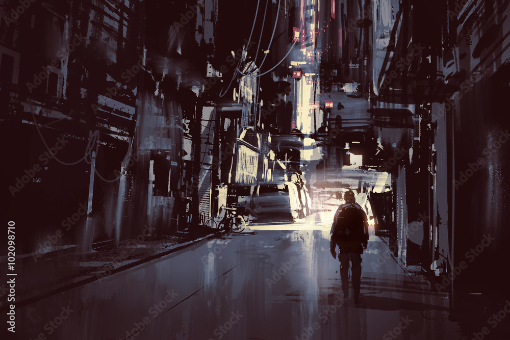 Obraz premium man walking alone in dark city,illustration painting