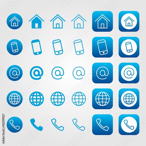Blue line contact icon set for business cards - home/address, mobile, email, webpage, phone