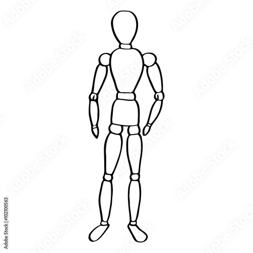 Obraz na płótnie Wooden mannequin sketch. Hand-drawn cartoon art icon isolated on the background. Vector illustration. w salonie