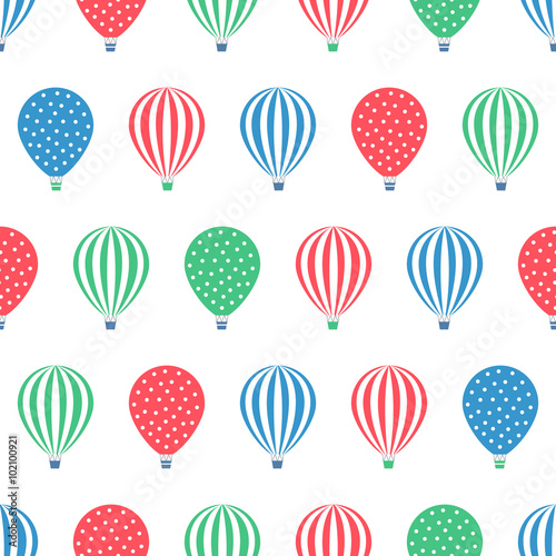 Hot air balloon seamless pattern. Baby shower vector illustrations isolated on white background. Polka dots and stripes. Colorful hot air balloons design.