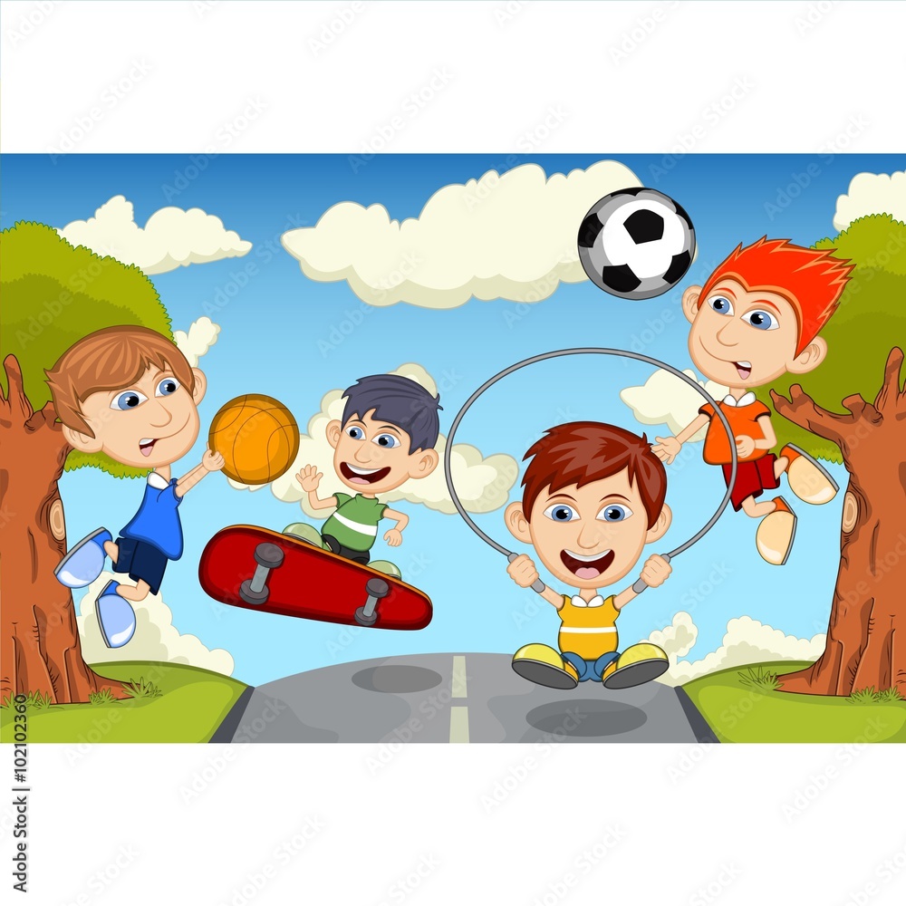 Children play basketball, jumping rope, soccer and skateboard on the street cartoon vector illustration