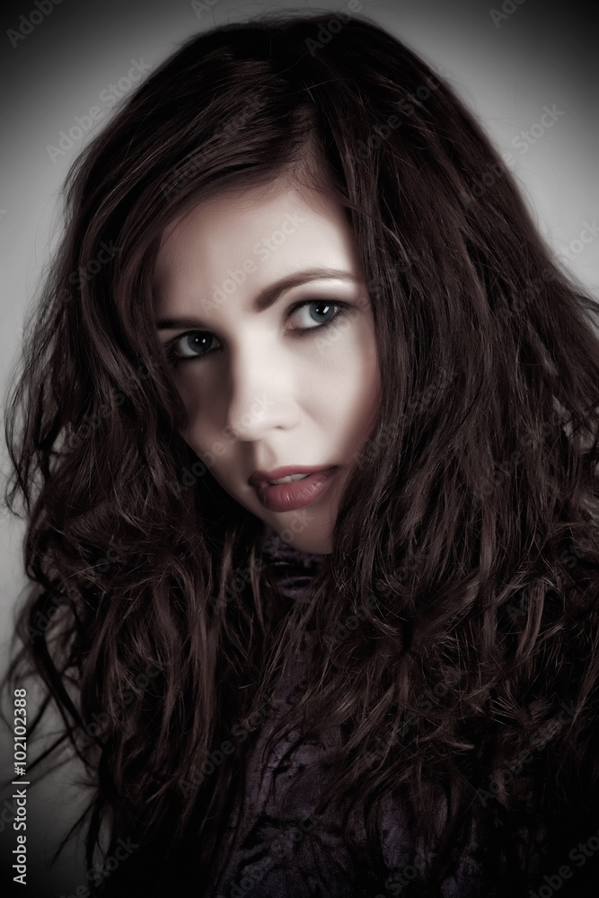 The beautiful girl with beautiful wild brown hairs. Stylized stu The beautiful girl with beautiful wild brown hairs. Stylized stu