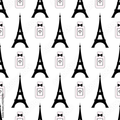 Cute cartoon tour Eiffel with perfume vector illustration. Paris symbols seamless pattern. Romantic travel in Paris.