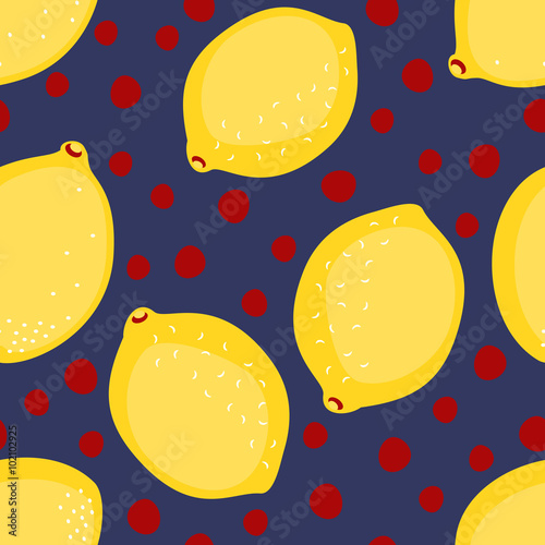 Lemon pattern. Seamless decorative background with yellow lemons. Colorful summer fruit vector illustration on blue and red dots background.