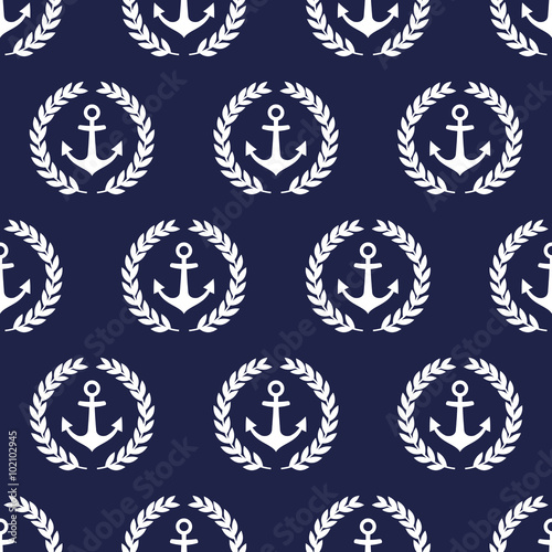Navy vector seamless patterns with anchor and laurel wreath. Cute nautical background.