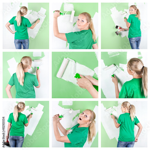 Collage of young woman with paint tools at home interior