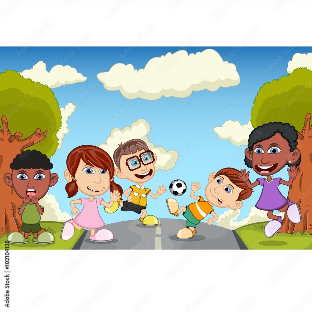 Children play on the street cartoon