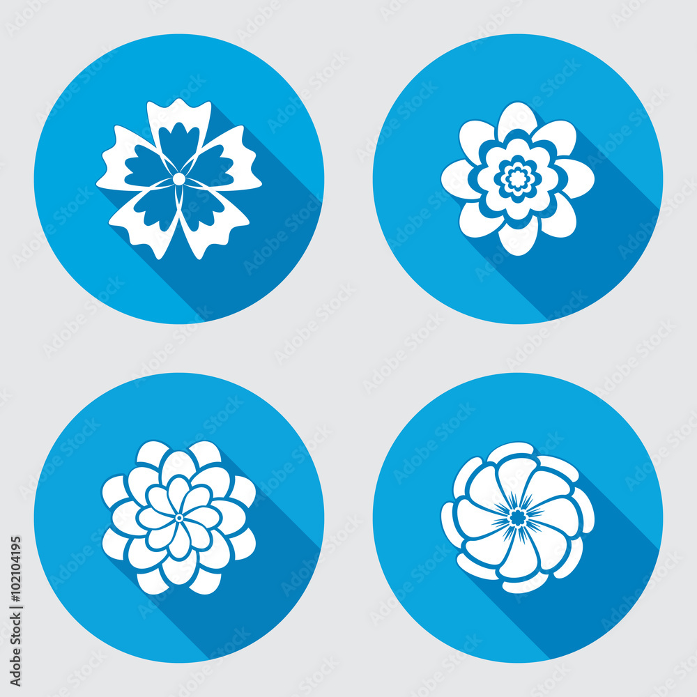 Flower icons set. Chamomile, daisy, chrysanthemum, cornflower. Floral symbol. Round blue flat icon with long shadow. Vector