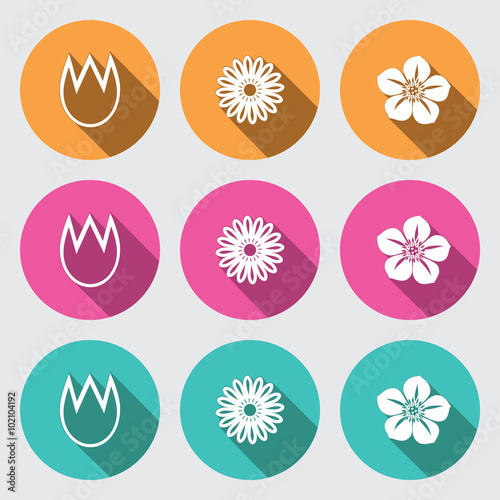 Flower icon set. Tulip, camomile, daisy, petunia, orchid. Floral symbol. White sign on round rose, orange, turquoise buttons with long shadow. Vector 