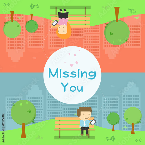 Fototapeta Naklejka Na Ścianę i Meble -  boy and girl send message miss you on smart phone in the park be different day and night Vector illustration