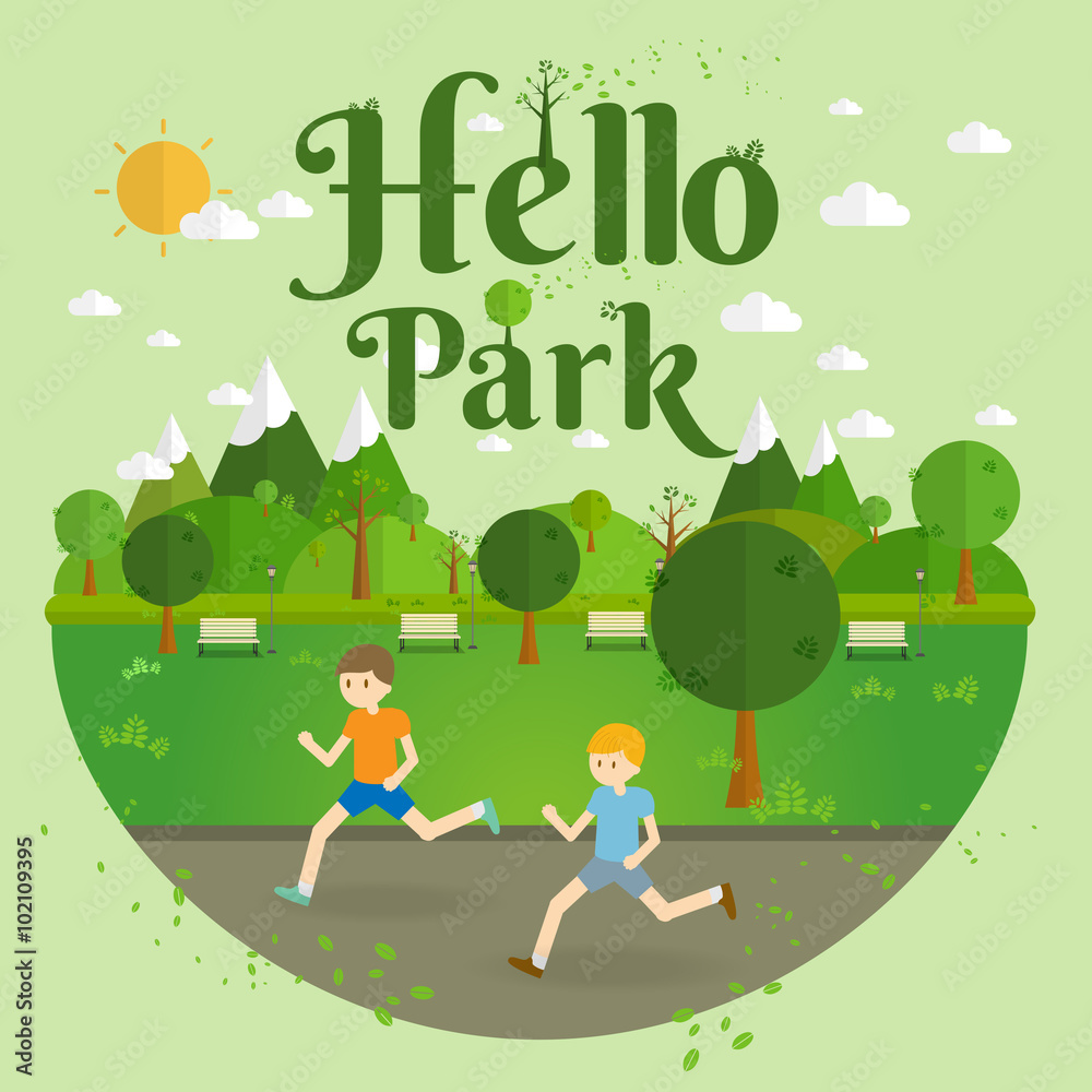 Hello Park.running. Natural landscape in the flat style. a beautiful park.Environmentally friendly natural landscape.Vector illustration