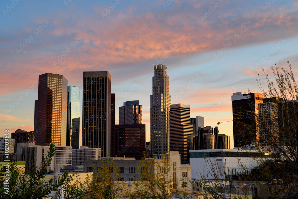 Sunset downtown skyscrapers Los Angeles California