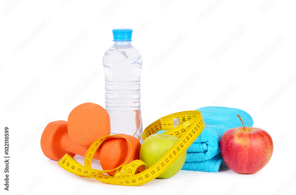 Measuring tape with dumbbells isolated Measuring tape with dumbbells isolated