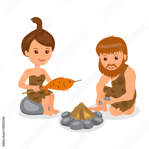 Caveman. Male kindles fire. Female cook the fish on the fire. Isolated character prehistoric people on a white background.