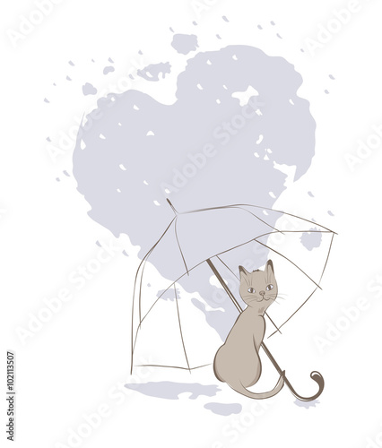 Kitten with umbrella, valentine's card, vector illustration