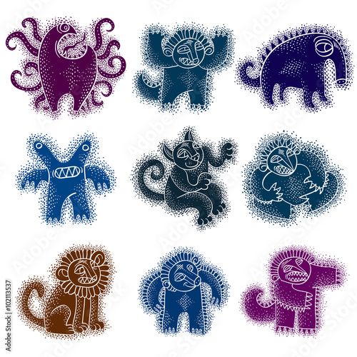 Vector cute Halloween character ogres, collection of freak monsters