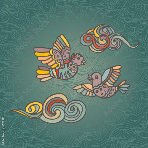 Hand-drawn illustration of two flying birds and clouds decorative