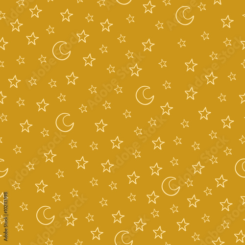Seamless pattern with cartoon stars and moon on yellow backgroun