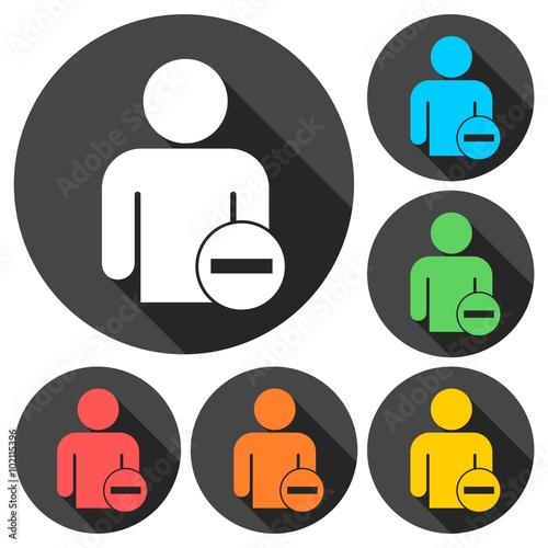 User profile sign with minus glyph web icons set long shadow