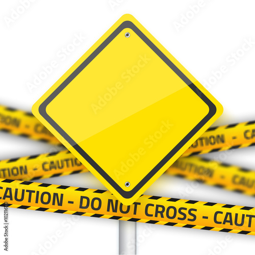 Vector Road Yellow Sign with Yellow Police Strip. Realistic Vect