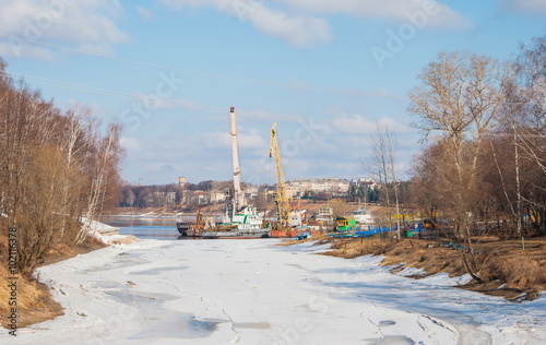 The port in the ancient Russian town of Uglich in early spring