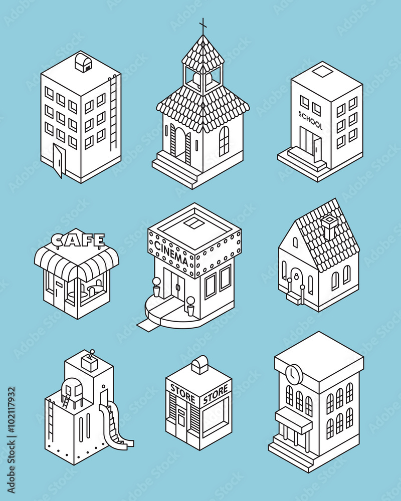 Set of Isometric Buildings. Black and white vector illustration