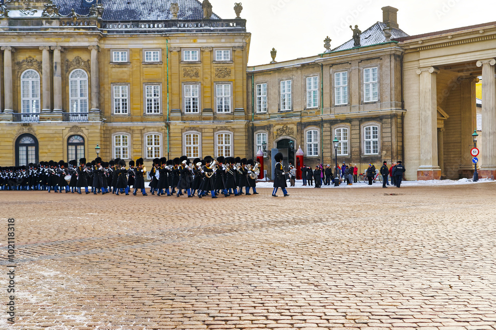 Guard change in Amalienborg in Copenhagen in winter