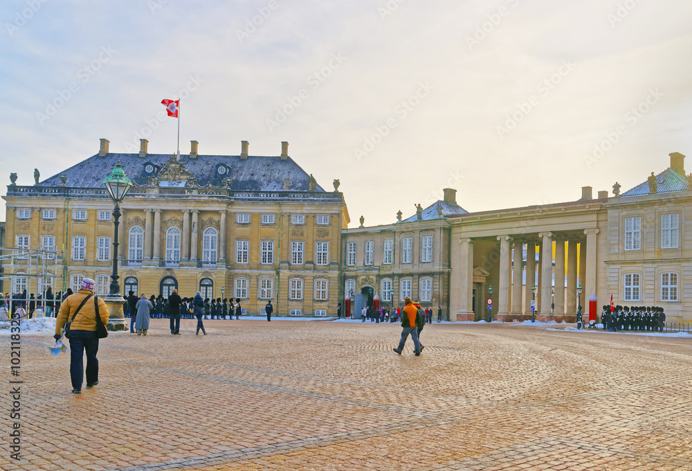 Guard change at Amalienborg of Copenhagen in winter Guard change at Amalienborg of Copenhagen in winter
