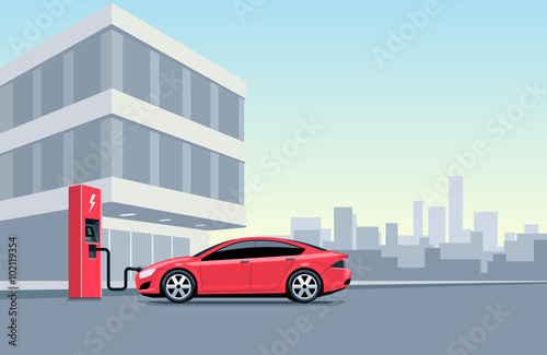 Electric Car Charging at the Charging Station during Work hours