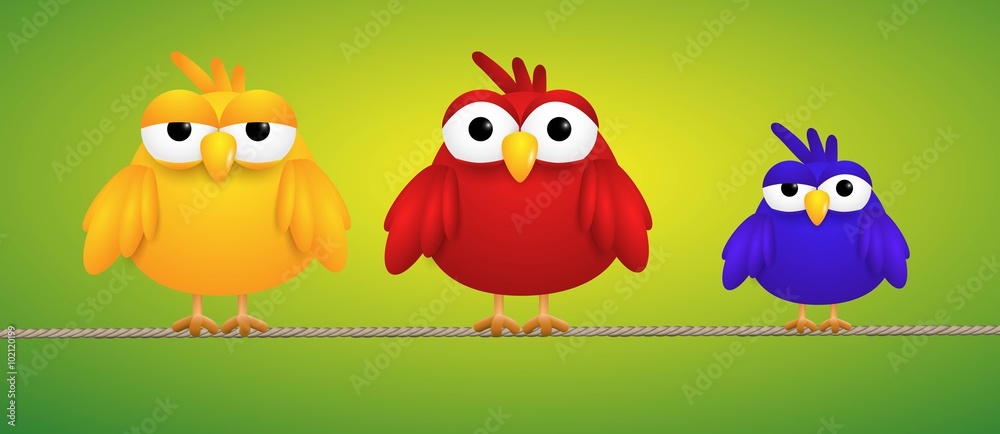 Tree small birds standing on a rope looking funny. Vector illustration.