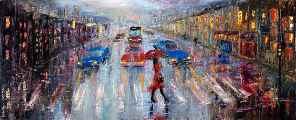 Fototapeta Kobieta z czerwoną parasolką przechodząca  przez ulicę. Malarstwo