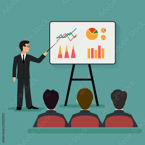A group of people in the office. Economic seminar .Speaking to the audience flat style.