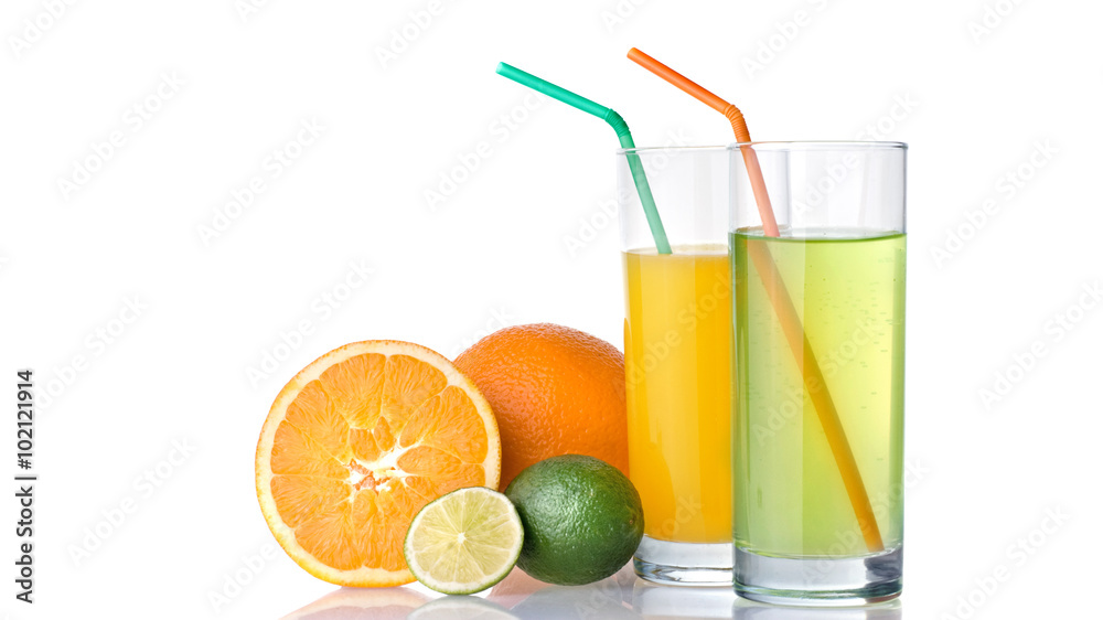 glasses of orange and lime juices with orange and lime fruits glasses of orange and lime juices with orange and lime fruits