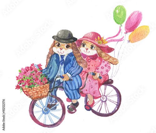 акварельная иллюстрация,кролики на велосипеде
