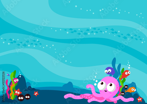Underwater scene with sea animals. Vector illustration background.
