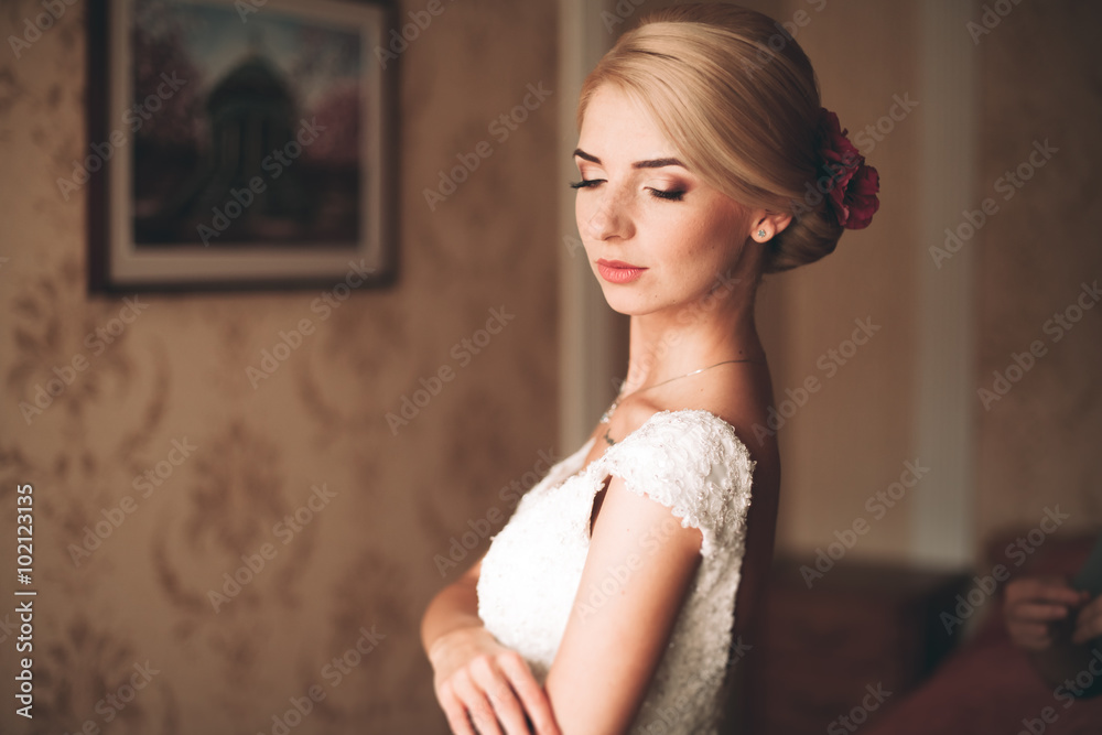 Fototapeta premium Gorgeous blonde bride in robe posing and preparing for the wedding ceremony face in a room